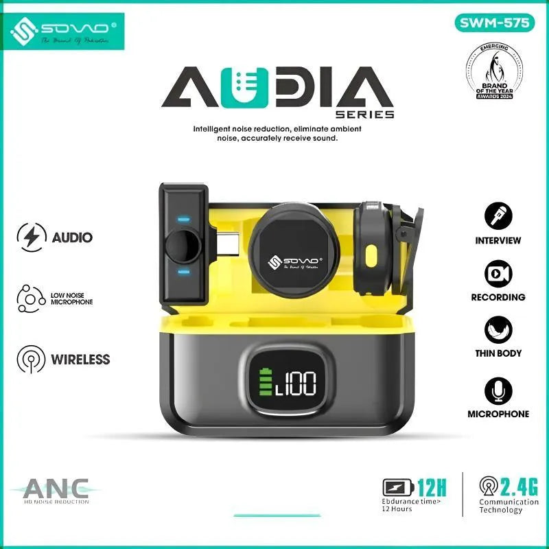 SOVO AUDIA SWM-575 Dual Wireless Lavalier Microphone System with Charging Case, 2.4G Noise Reduction for Interview, Recording, and Content Creation